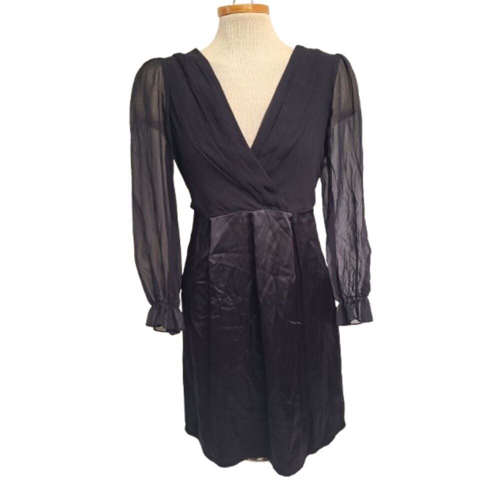 Vtg Betsey Johnson 100% Silk Y2K Black Long Sleeve Mini Dress Sz 4 V Neck Mesh S